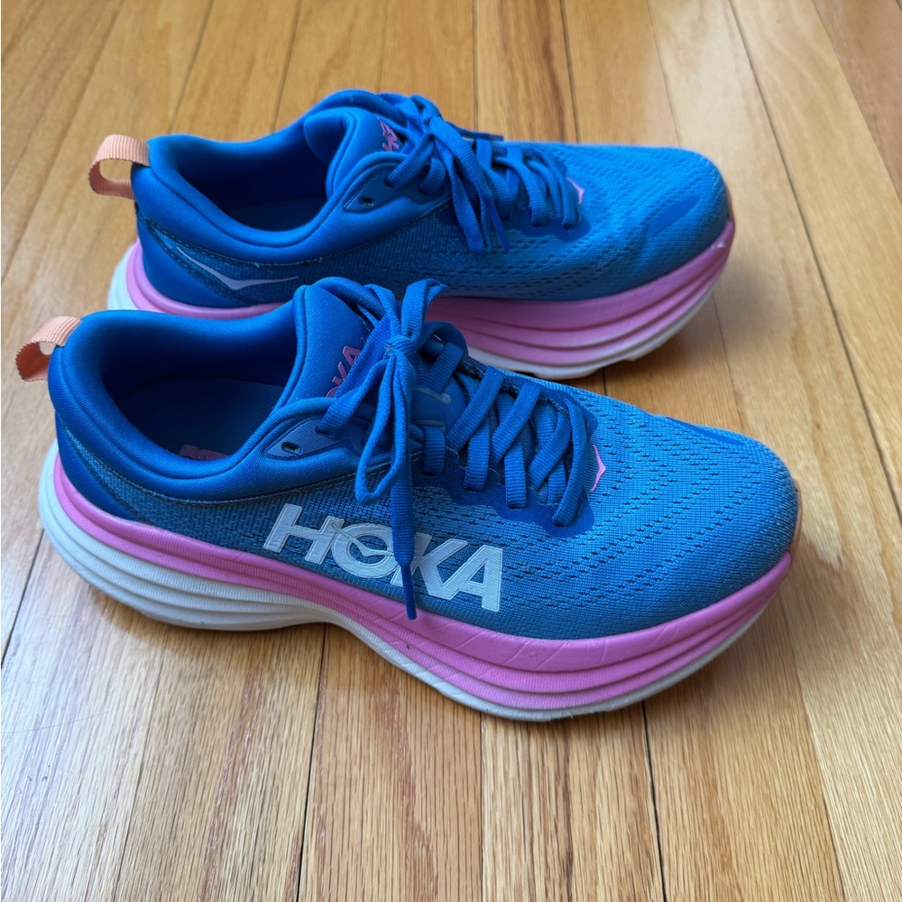 HOKA Bondi 8 Women's Blue and Pink Running Shoes